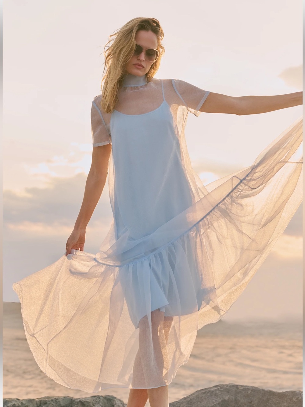 CAARA by Few Moda Blue Sheer Mesh Ruffle Midi Dress